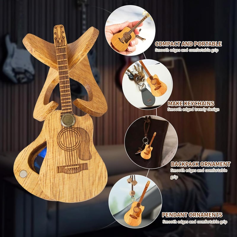 EGOBUY Wooden Guitar Pick Holder, Acoustic Guitar Pick Case, Guitar Pick Box with Stand/Picks, Mini Guitar Shaped Guitar Accessories Keychain Decor, White Elephant Gifts for Men, Music Lovers - Image 2
